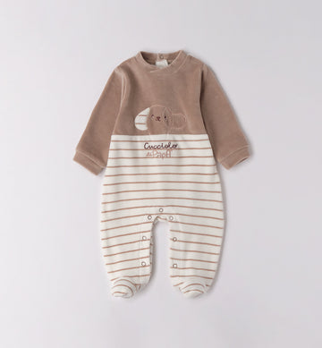 Tutina neonato ciniglia beige e panna piegata a righe con ricamo cucciolo