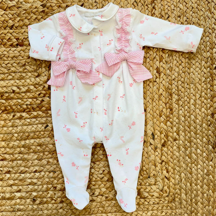 Tutina per neonata in cotone con stampa floreale rosa e fiocchi decorativi