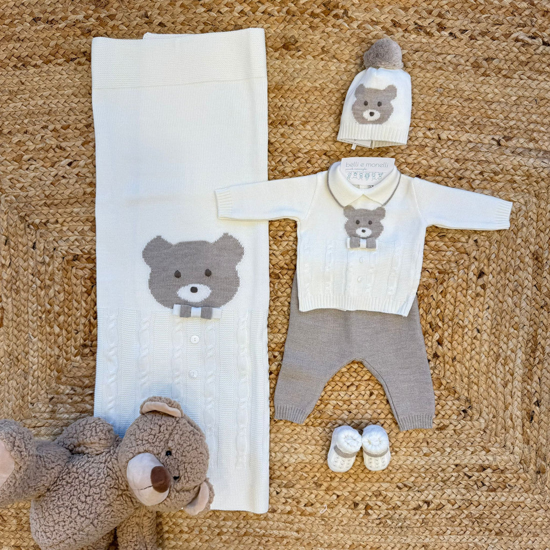 Uscita clinica neonato pura lana orsetto tortora con copertina e coordinato
