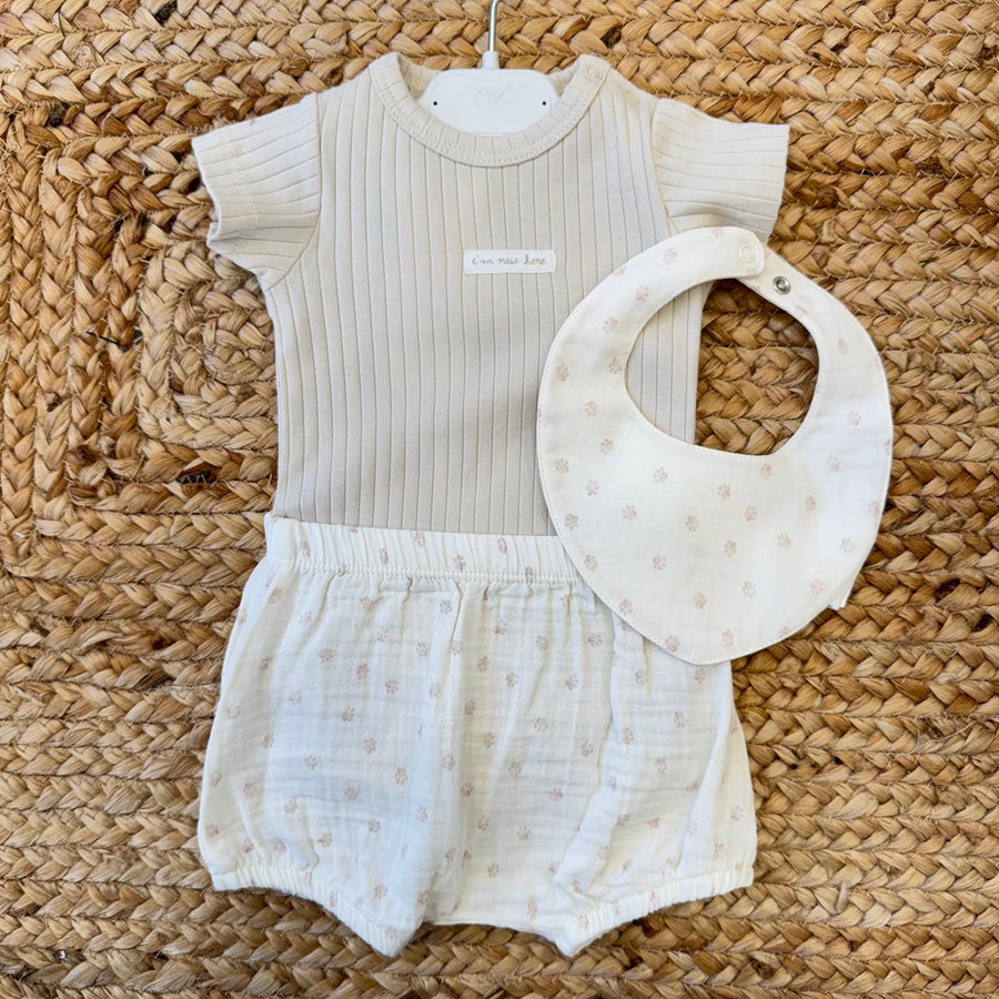 Completo 3 pezzi neonato/a in cotone con body, shorts e bavetta