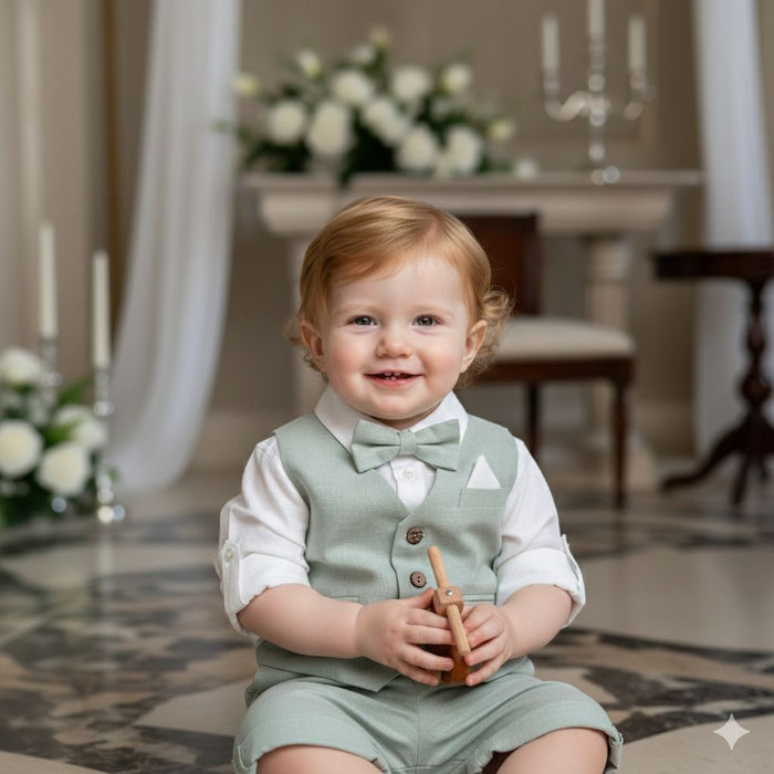 Completo battesimo neonato in cotone e lino verde salvia