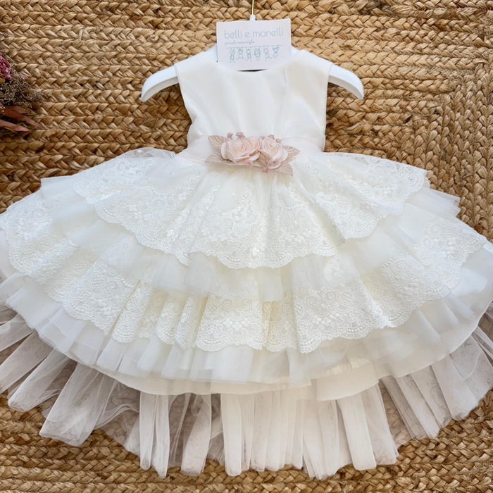 Abito battesimo bimba in cotone e pizzo con balze in tulle