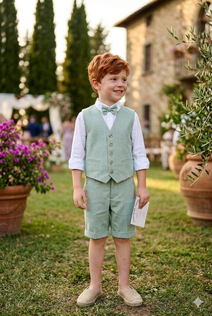 Completo bimbo elegante in cotone e lino verde salvia