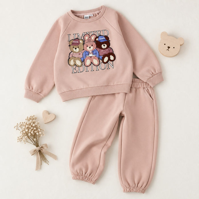 Completo bimba rosa in caldo cotone felpato con felpa decorata con tre orsetti
