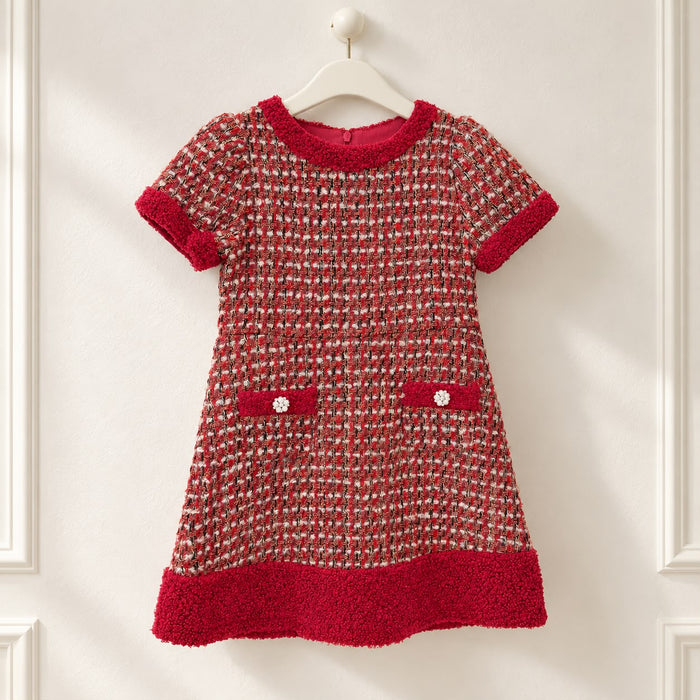 Abito elegante bambina in bouclé bordeaux con lurex, bordi rossi e taschine decorate