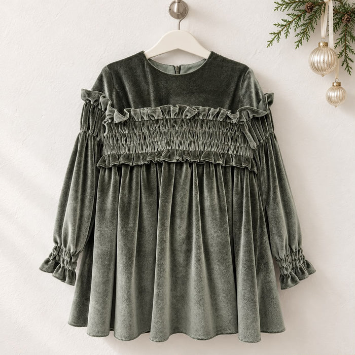 Retro abito bambina in velluto verde muschio con grande fiocco in tulle verde chiaro
