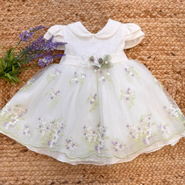 Abito battesimo bambina in lino con tulle ricamato fiori lilla e bianchi