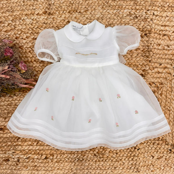 Abito battesimo bimba in organza di seta con ricami artigianali rosa