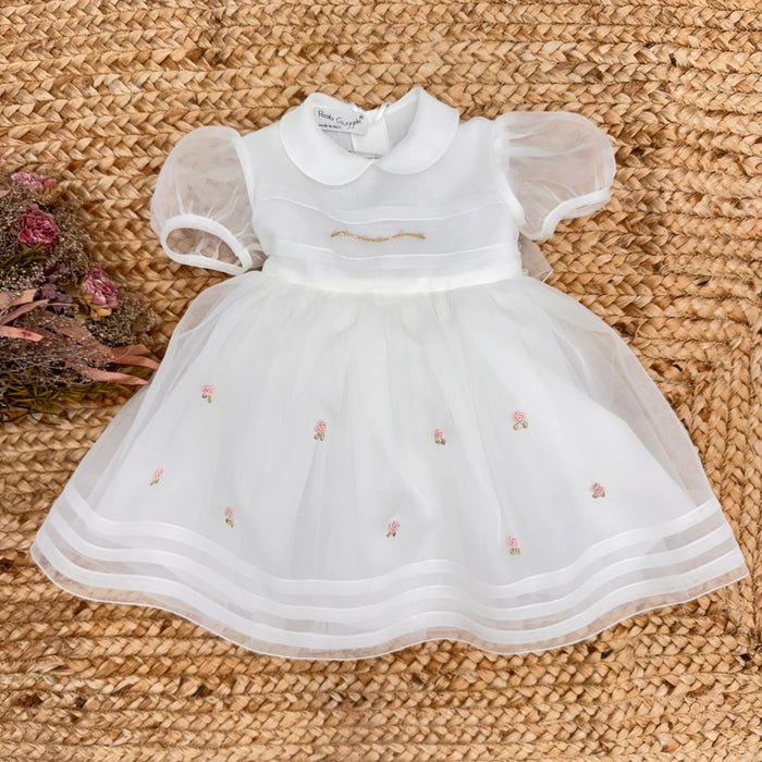 Abito battesimo bimba in organza di seta con ricami artigianali rosa