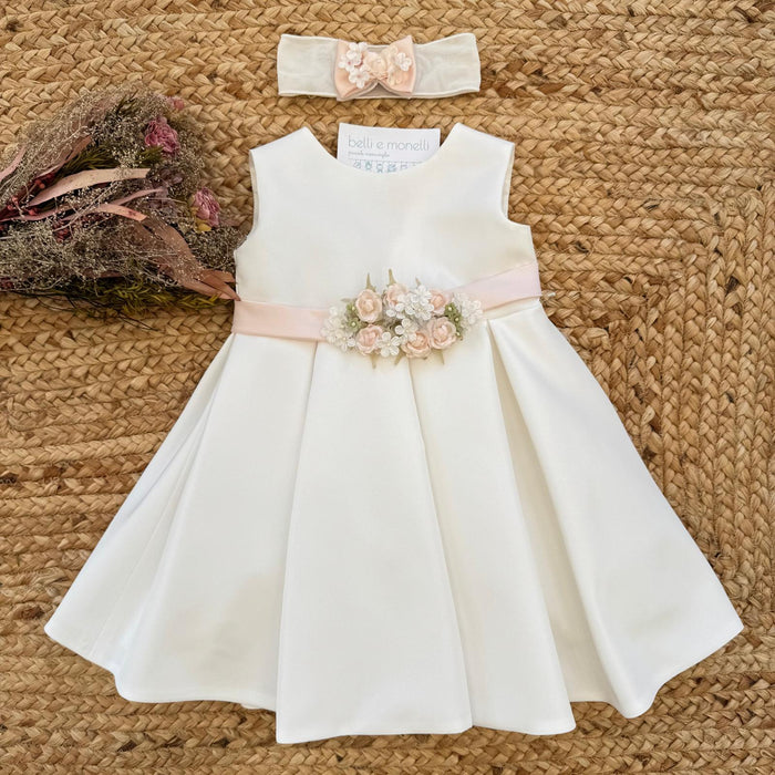 abito battesimo bimba panna con cintura rosa