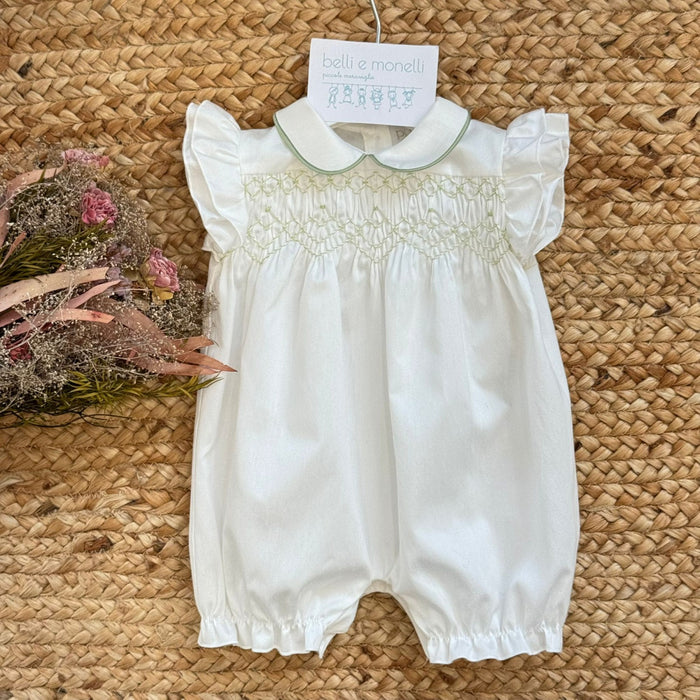 abito battesimo bimba panna con smock ricamato verde salvia