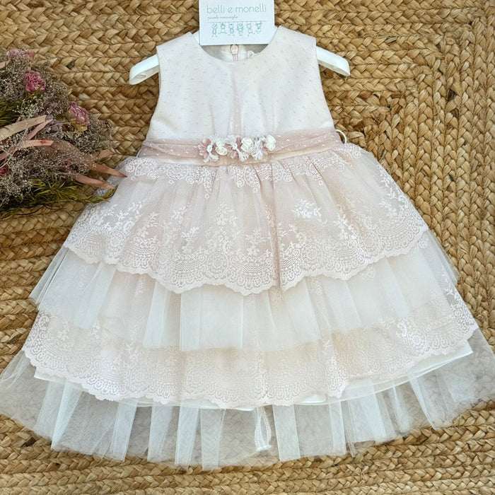 abito battesimo bimba con pizzo ricamato e gonna a balze in tulle
