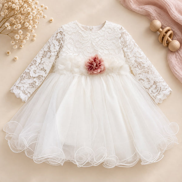 Abito battesimo bimba in pizzo e tulle con fiori rosa, foto 1