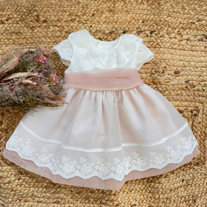 Abito battesimo bimba rosa cipria e bianco con pizzo ricamato