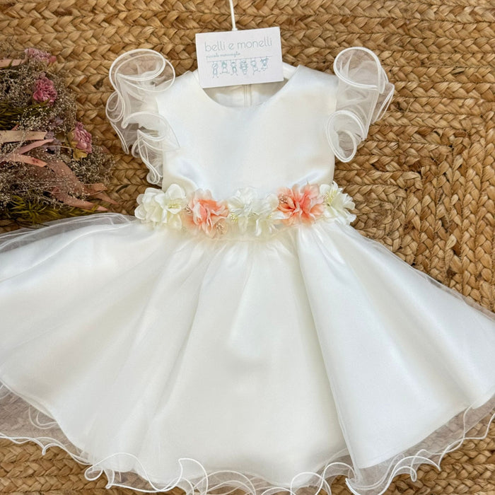 abito battesimo bimba elegante con tulle e cintura floreale panna pesca