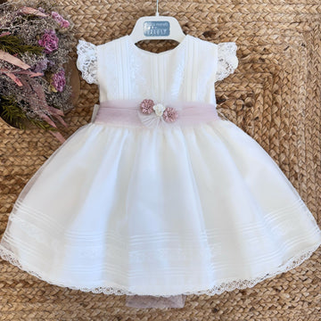 Abito battesimo panna neonata con fascia cipria e fiorellini