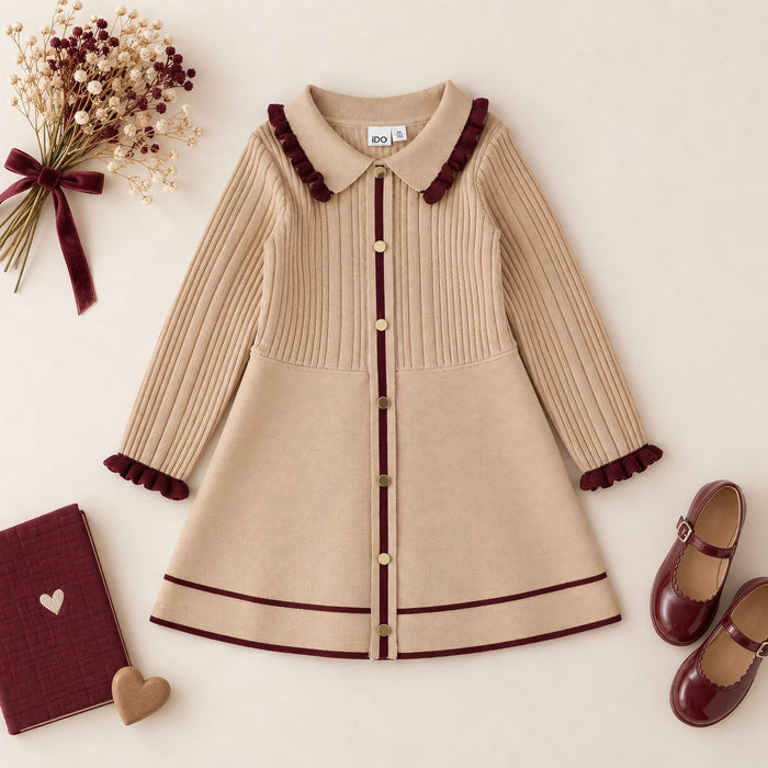 Abito bimba beige e bordeaux iDO con colletto, volant e bottoni frontali