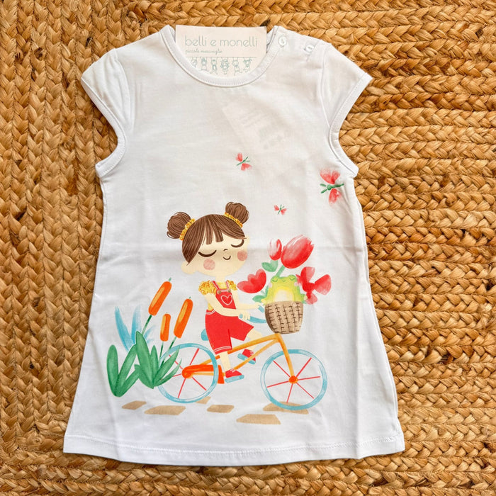 abito bimba cotone bianco stampa bambina in bicicletta stile mare
