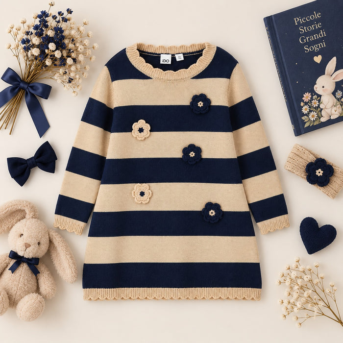Abito bimba iDO in maglia a righe blu e beige con applicazioni floreali