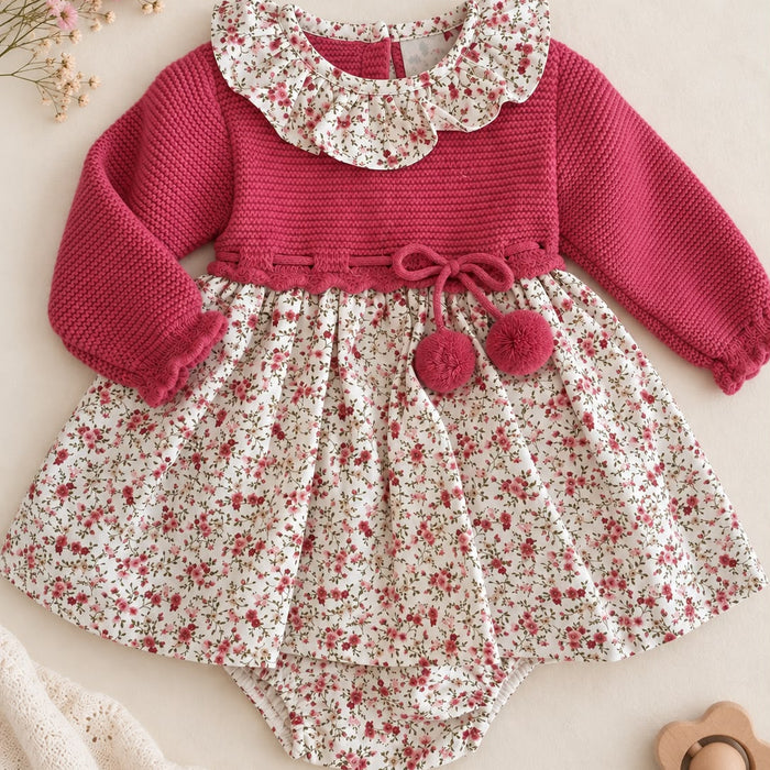 Abito bimba rosa lampone Sardon con fantasia microfiori e culotte coordinata
