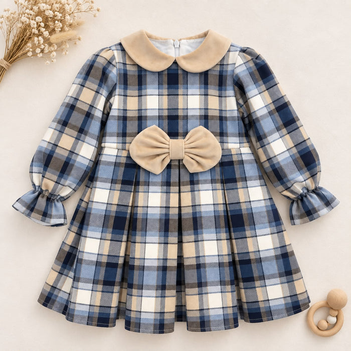 Abito bimba tartan blu e beige con colletto e fiocco