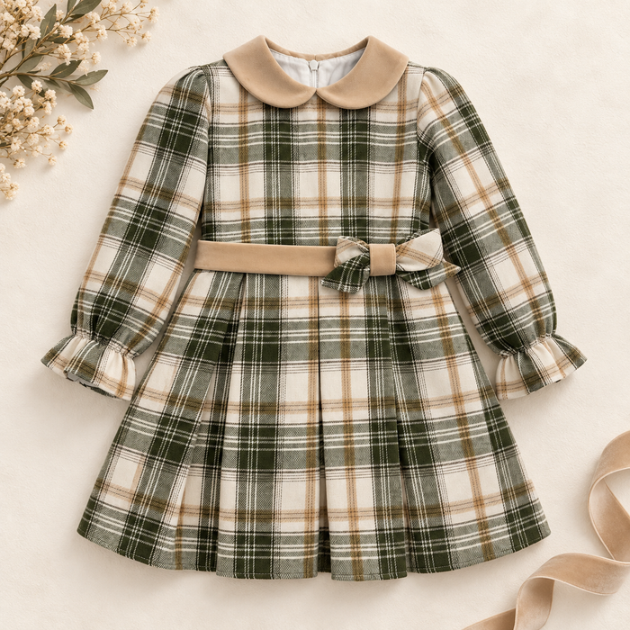 Abito bimba tartan verde con fiocco, foto 1