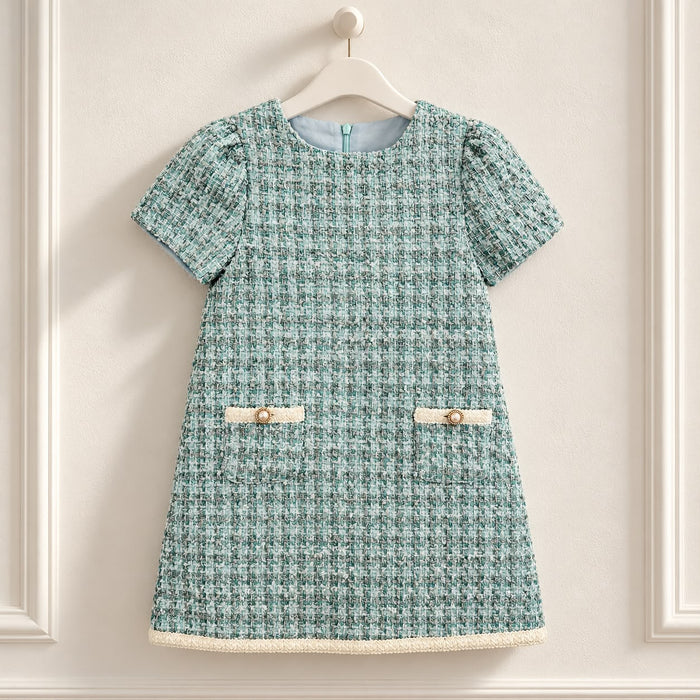 Abito elegante bambina in tweed verde acqua con dettagli gioiello avorio, maniche corte e linea svasata