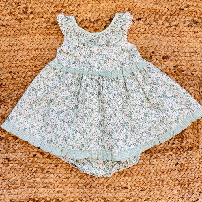 abito neonata floreale verde salvia elegante con culotte