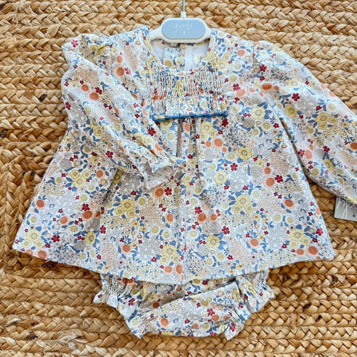 Abito pagliaccetto bimba floreale Yoedu con punto smock e pagliaccetto coordinato