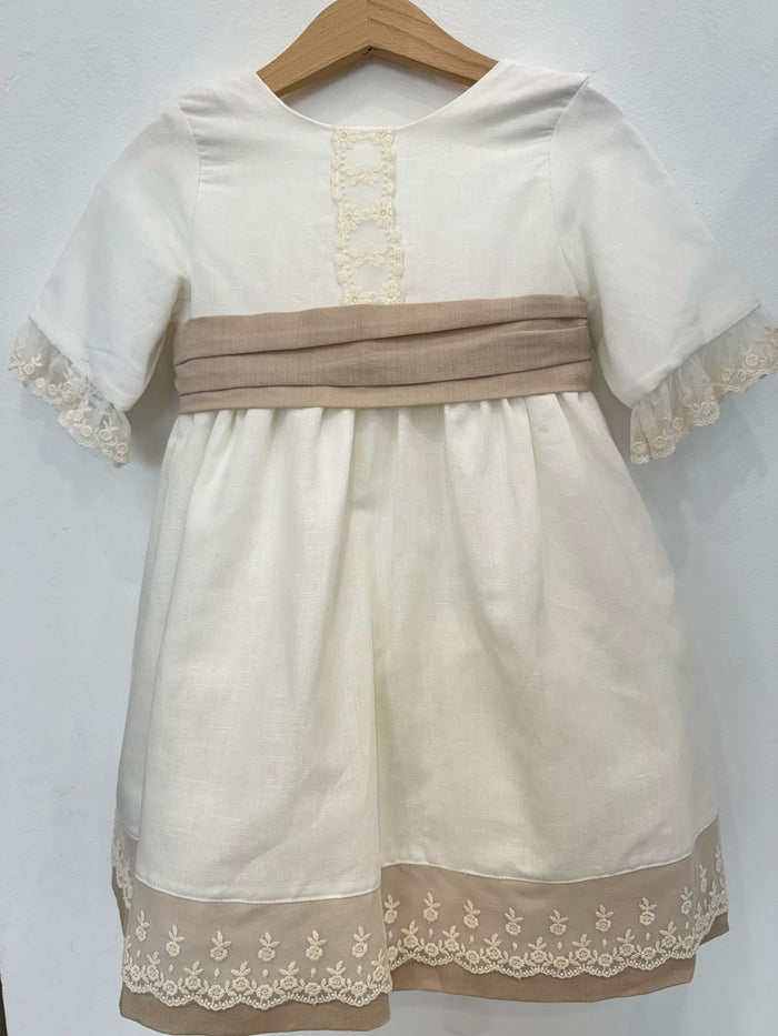 Abito In Lino Beige E Bianco Panna