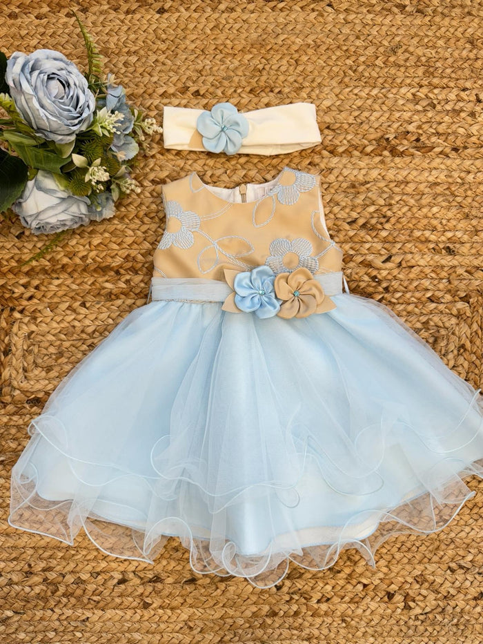 Abito ricamato Con Gonna In Tulle e Cintura Con Spilla Fiori