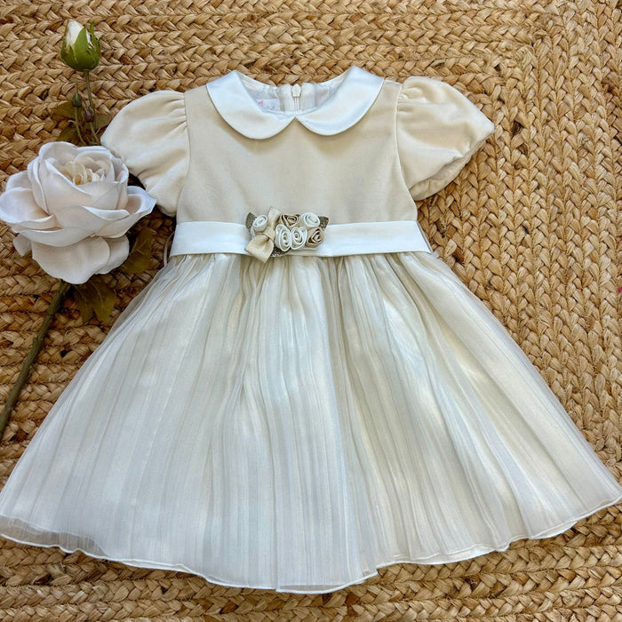 abito battesimo bambina beige con velluto e gonna dorata