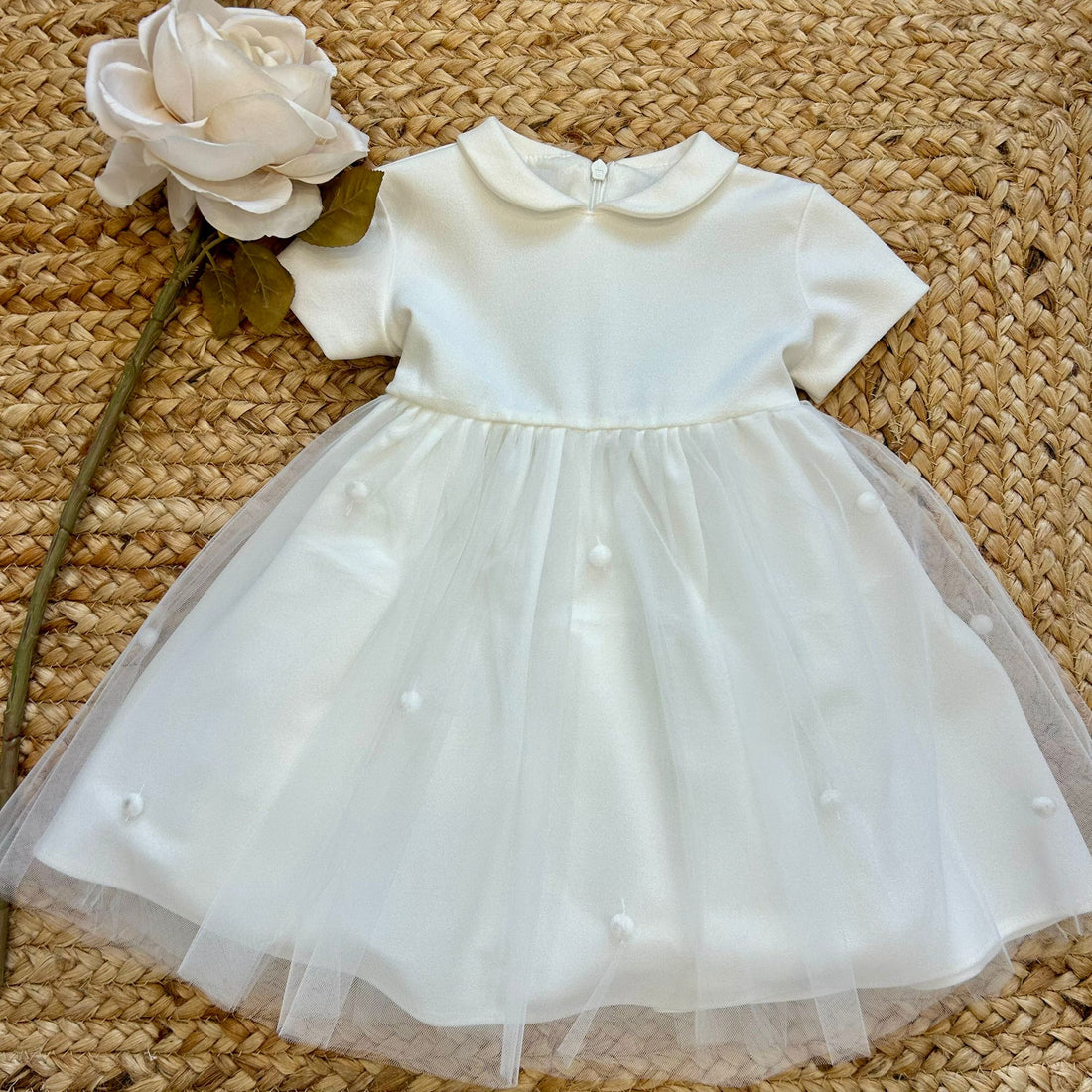 abito battesimo bambina panna corto con tulle e pois