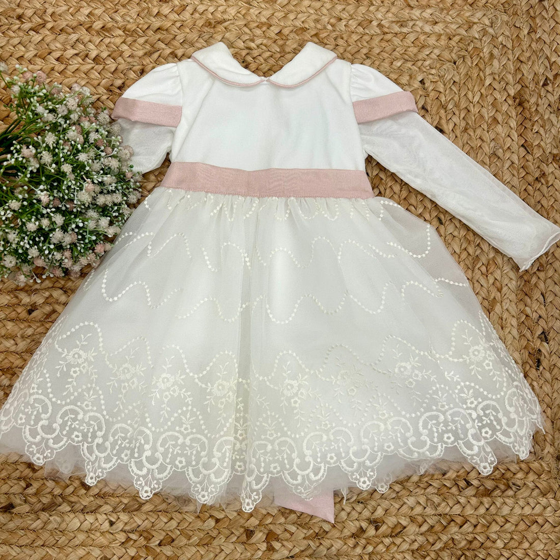 abito elegante bimba con corpetto in ciniglia e fiocco rosa cipria