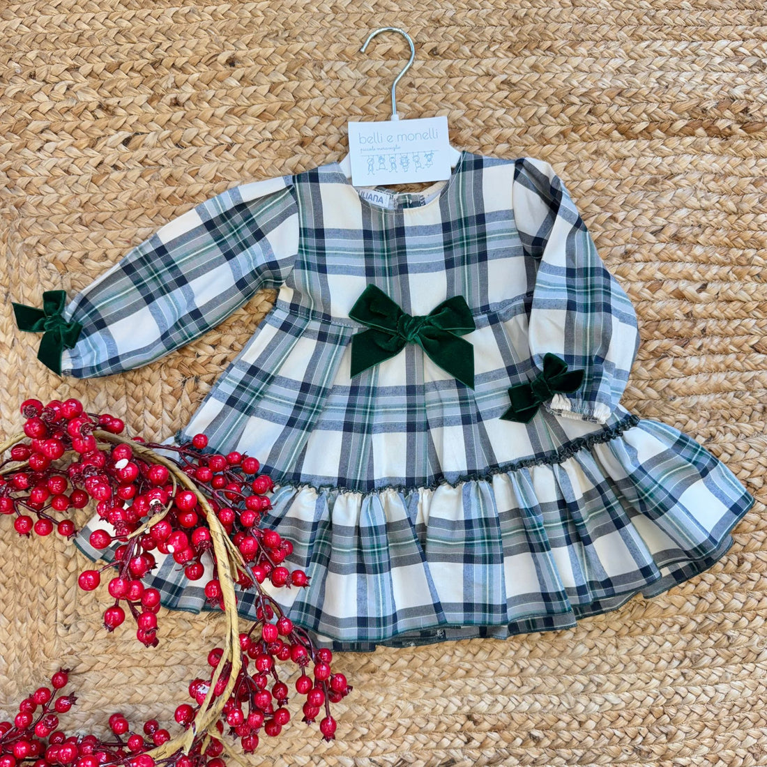 abito natale bambina scozzese con fiocchi verde bosco
