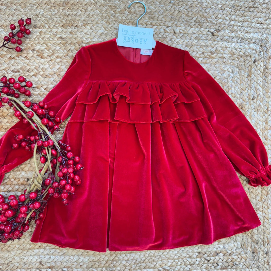 abito natale bambina velluto rosso con balze