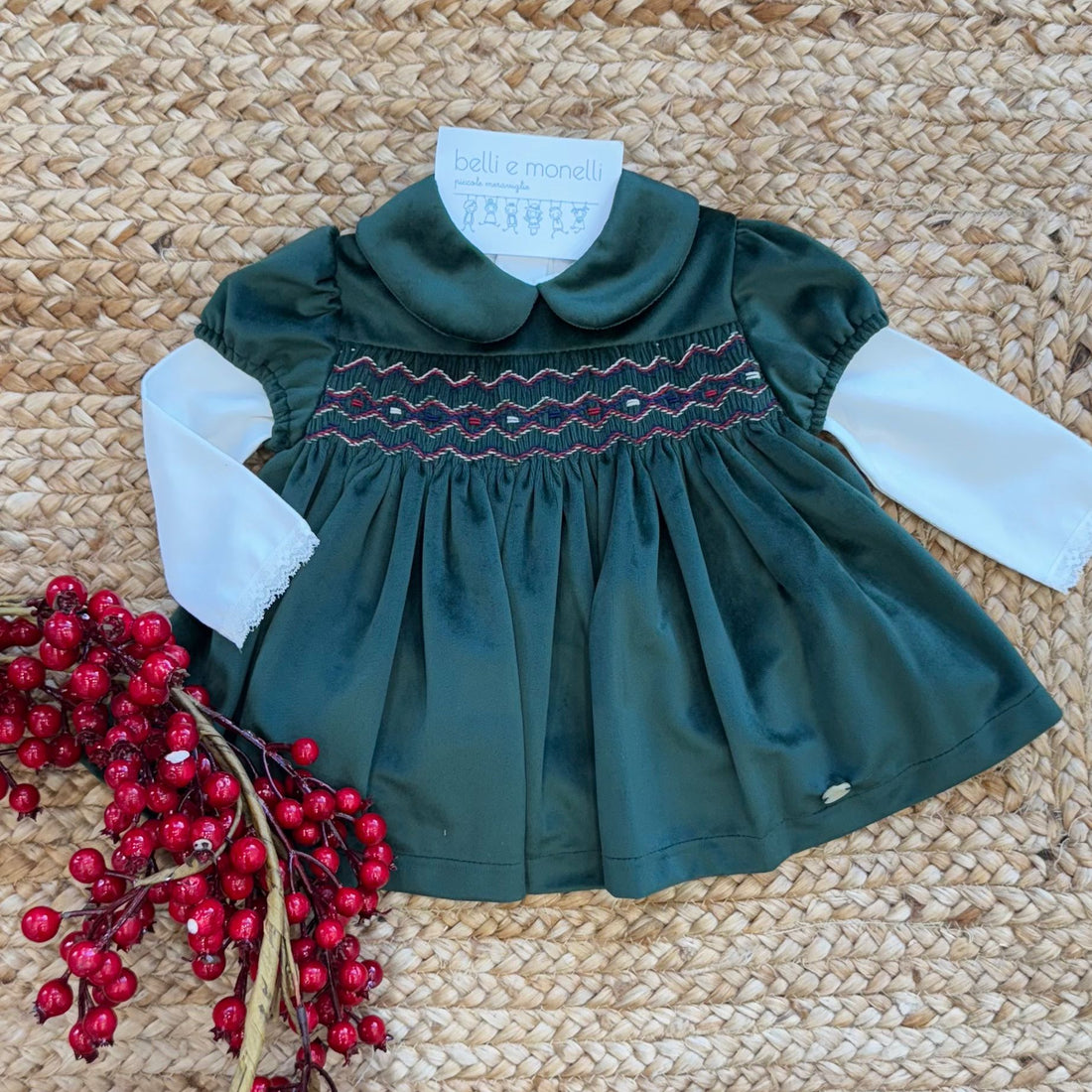 abito natale neonata velluto verde bosco con ricamo a nido d’ape