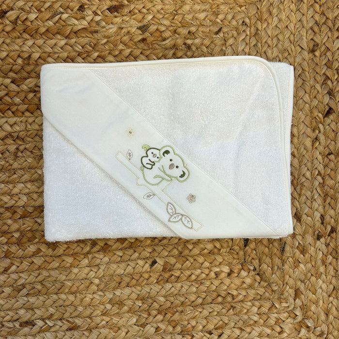 Accappatoio unisex in spugna con koala verde ricamato, ideale per baby shower