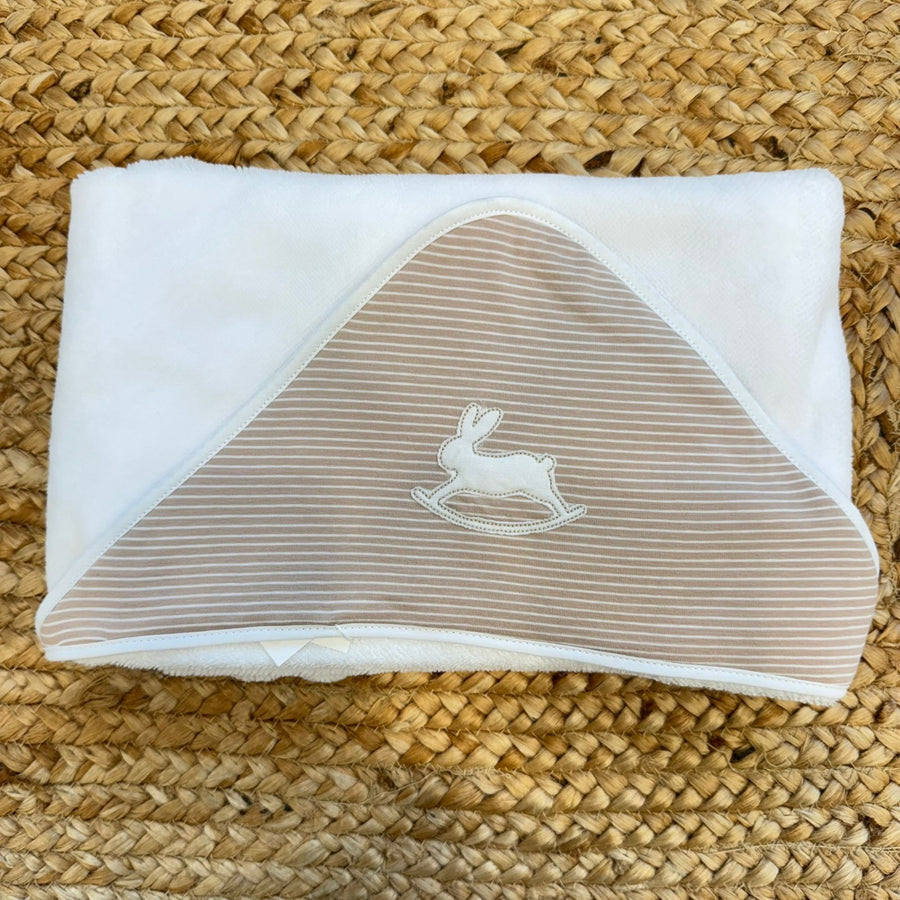 Accappatoio neonato unisex in bamboo e cotone con cappuccio rigato e ricamo coniglietto