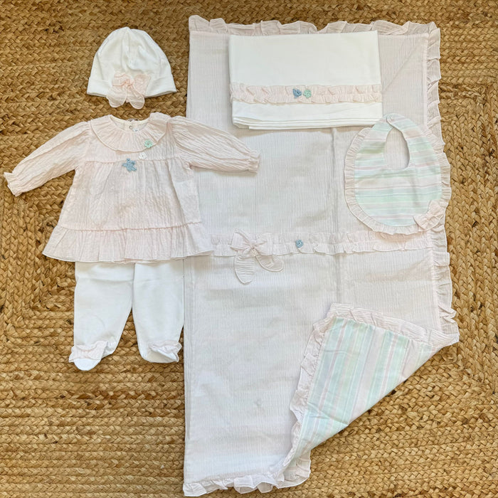 Coordinato nascita neonata in cotone con tutina e set letto