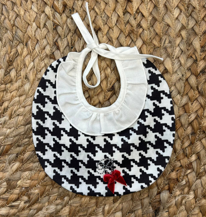 Bavaglino neonato pied de poule con fiocco in velluto rosso e strass