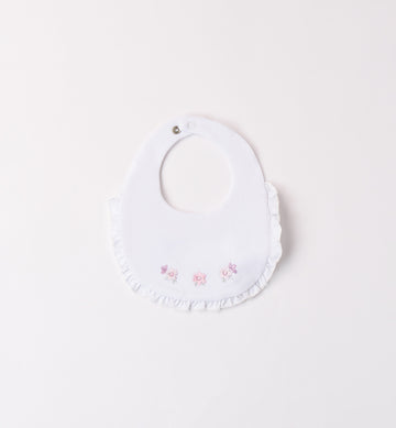 Bavaglino neonata bianco con volant e ricami floreali rosa e lilla