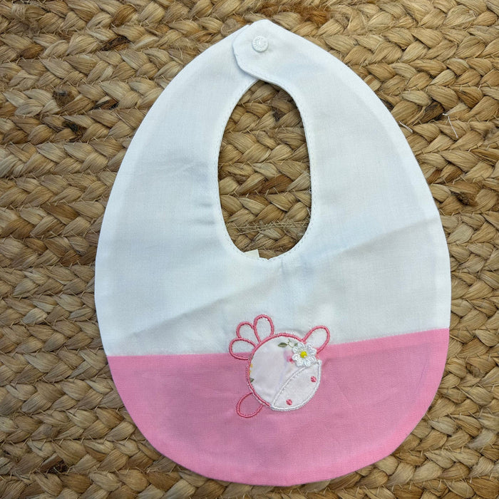 Bavaglino rosa e bianco per neonata con fiore ricamato