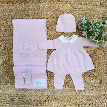 Uscita clinica neonata in pura lana rosa cipria con cuori ricamati