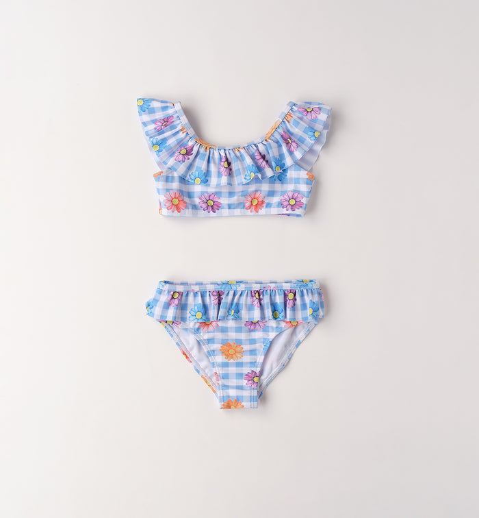bikini bimba quadretti azzurri con fiori colorati e volant