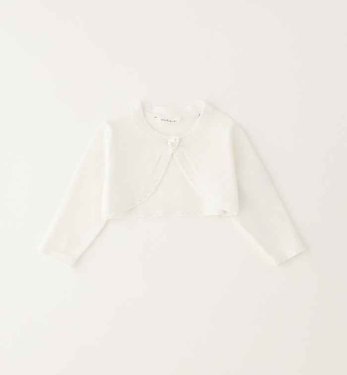 Coprispalle neonata bianco in cotone con bottone a fiore vista frontale