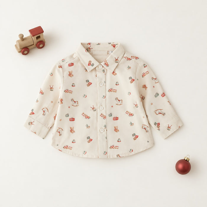 Camicia bimbo Natale Minibanda avorio con fantasia giocattoli vintage