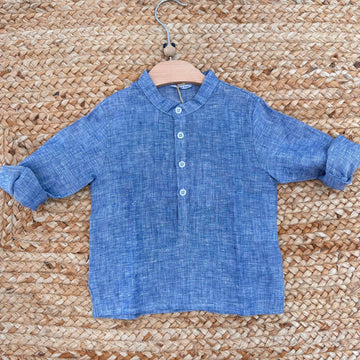 Camicia neonato in lino blu con colletto coreano e maniche lunghe