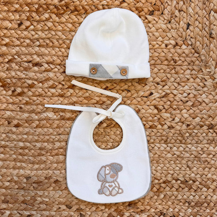 cappellino e bavetta neonato in ciniglia panna con dettagli scozzesi