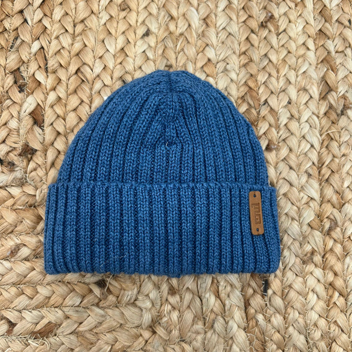 cappello Condor bimbo blu petrolio in maglia a coste con risvolto